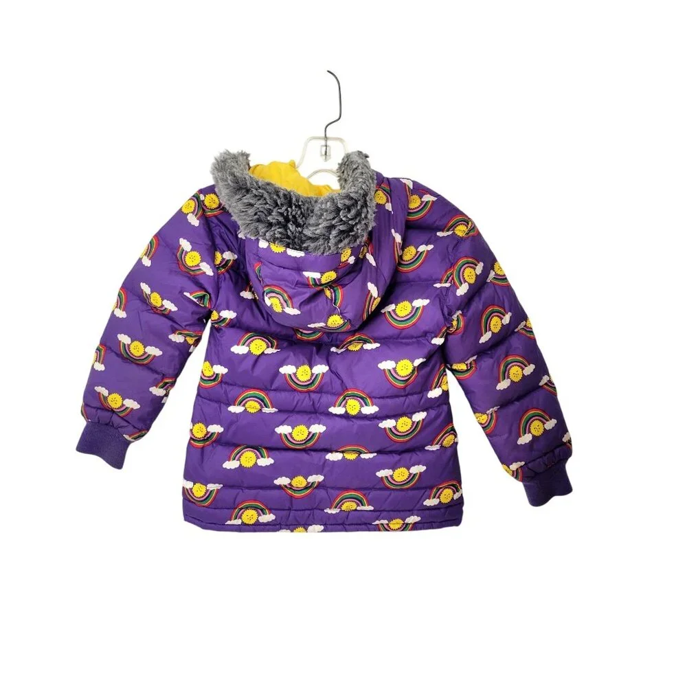 Hanna Andersson Girls Purple Rainbow Puffer Jacket W/ Faux Fur Hood Size 5 - Picture 2 of 6